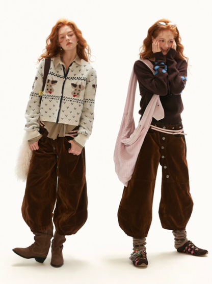 MAMC - Brown Plaid-Panel Cropped Denim Barrel-Leg Pants