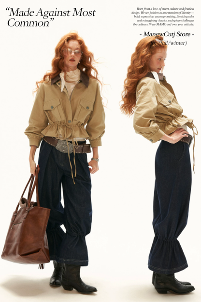 MAMC - Khaki Textured Snowflake-Fleece Utility Jacket with Faux Leather Collar