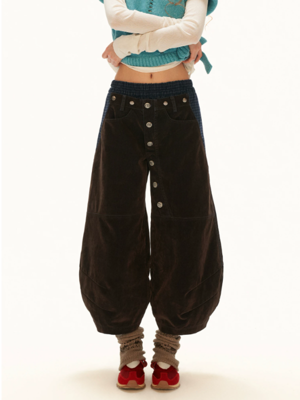 MAMC - Dark Coffee Brown Plaid-Panel Cropped Barrel-Leg Denim Pants