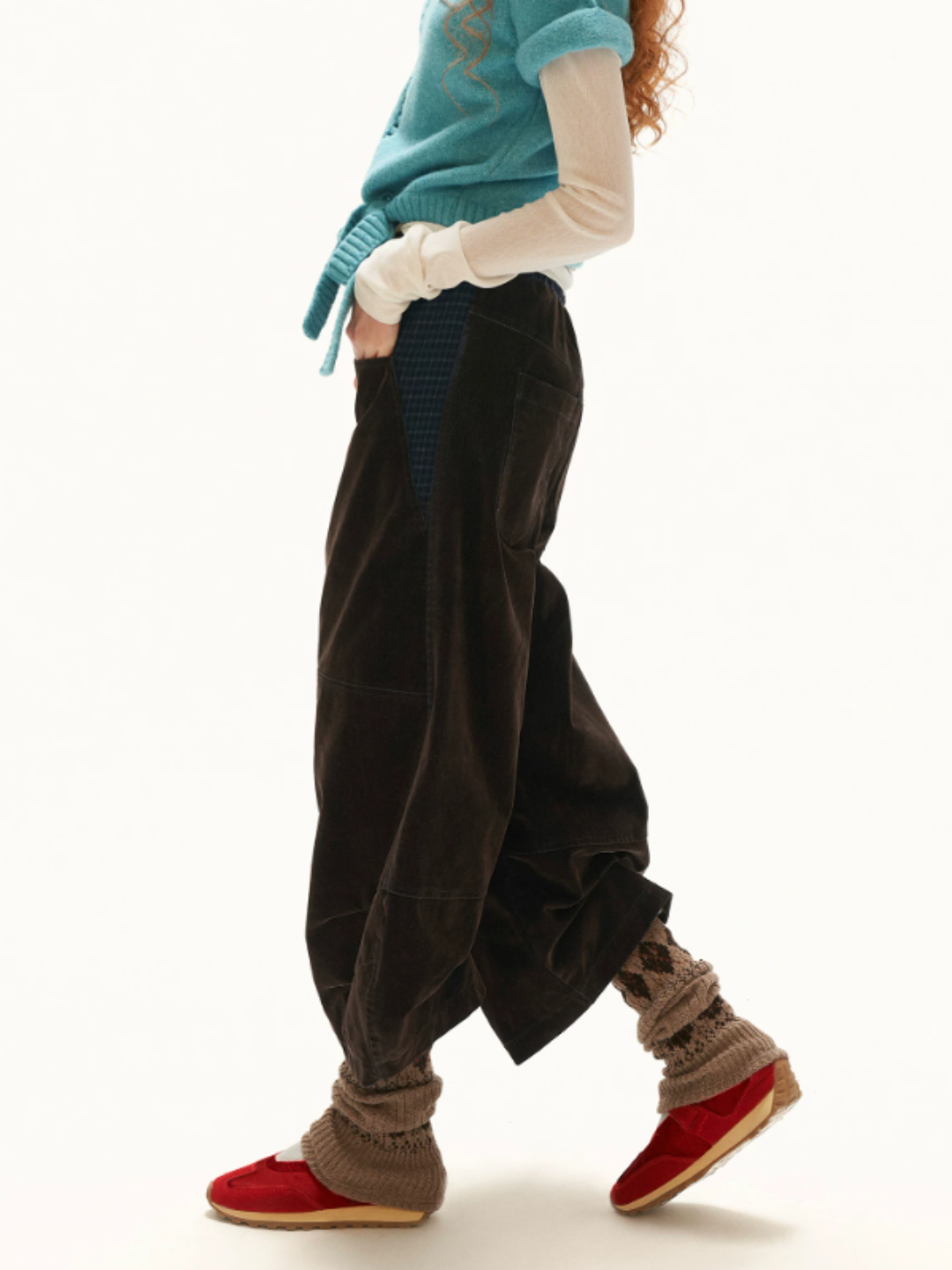 MAMC - Dark Coffee Brown Plaid-Panel Cropped Barrel-Leg Denim Pants