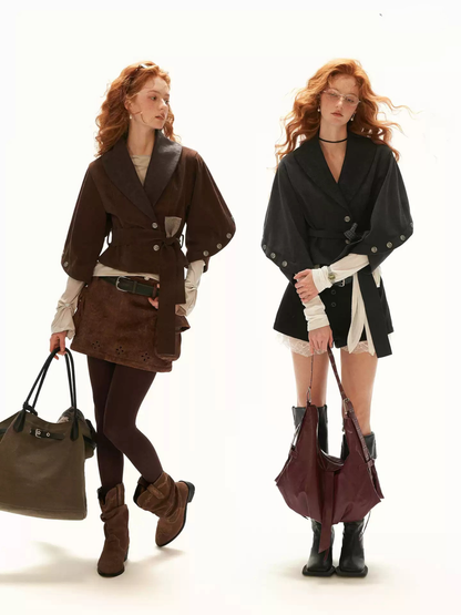 MAMC - Brown Faux Suede Cropped Jacket with Leather-Look Lapels and Belt