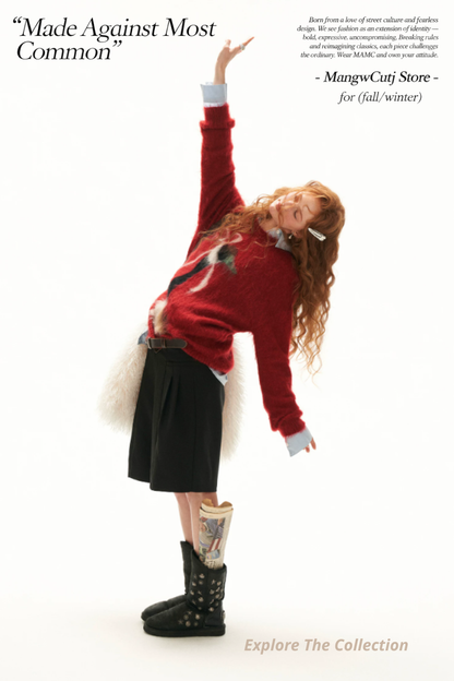 MAMC - Burgundy Bow Duck Jacquard Fuzzy Knit Sweater