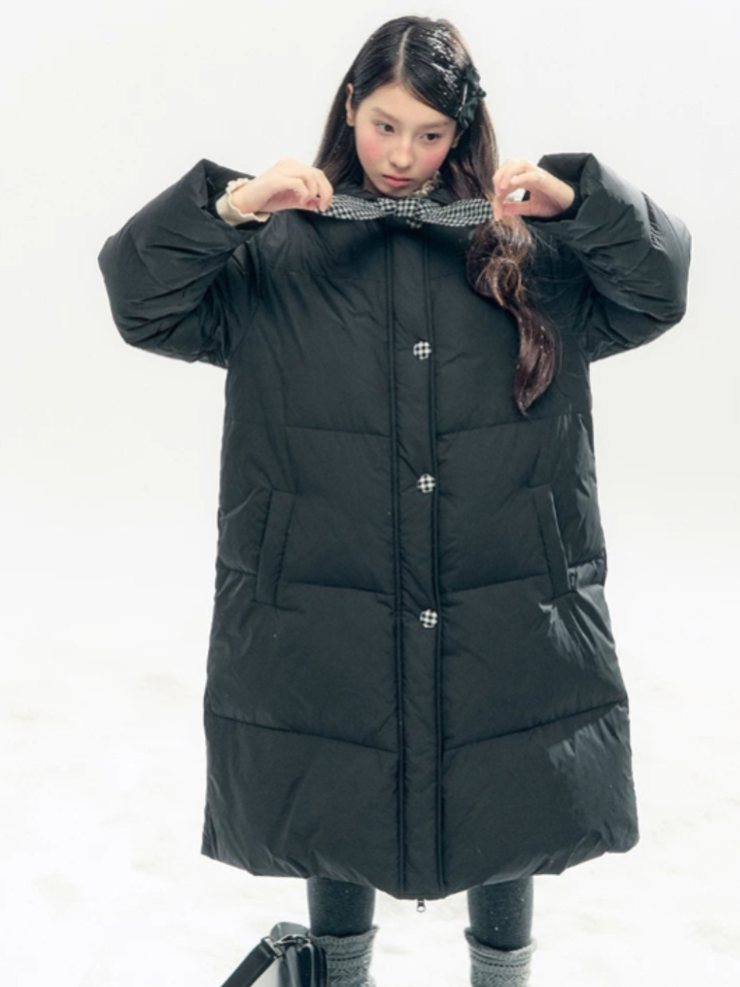 "Starry Night Little Witch" Black Long Down Coat with Detachable Bunny Bow Collar