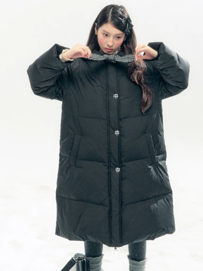 "Starry Night Little Witch" Black Long Down Coat with Detachable Bunny Bow Collar