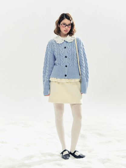 Horridale - "Cotton Mousse" Cable Knit Cardigan with Detachable Ruffle Collar (Cotton Blue/ Soft White)