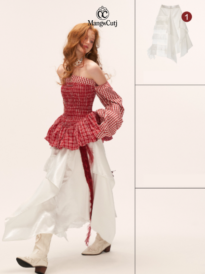 Off-Shoulder Peplum Top WE726 (Red Gingham)