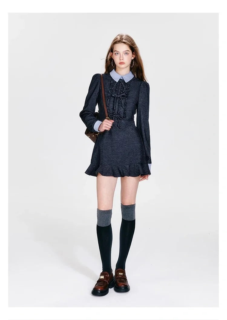 Contrast Color Shirt Collar Dress