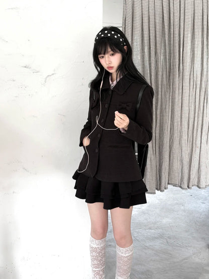 "Showa Girl" Tailored Layered Collection (Blazer / High-Waist Skirt / Victorian Shirt / Mesh Overlay Skirt)