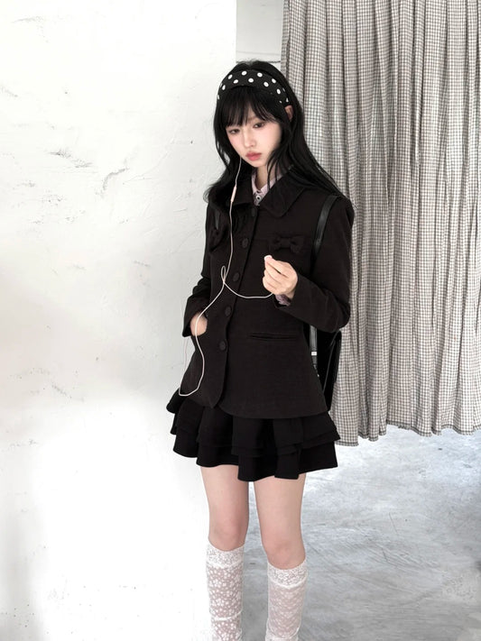 "Showa Girl" Tailored Layered Collection (Blazer / High-Waist Skirt / Victorian Shirt / Mesh Overlay Skirt)