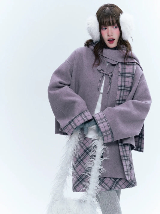 CREAMO2奶油氧气 - Soft Mauve Reversible Plaid Wool Cape Coat Set