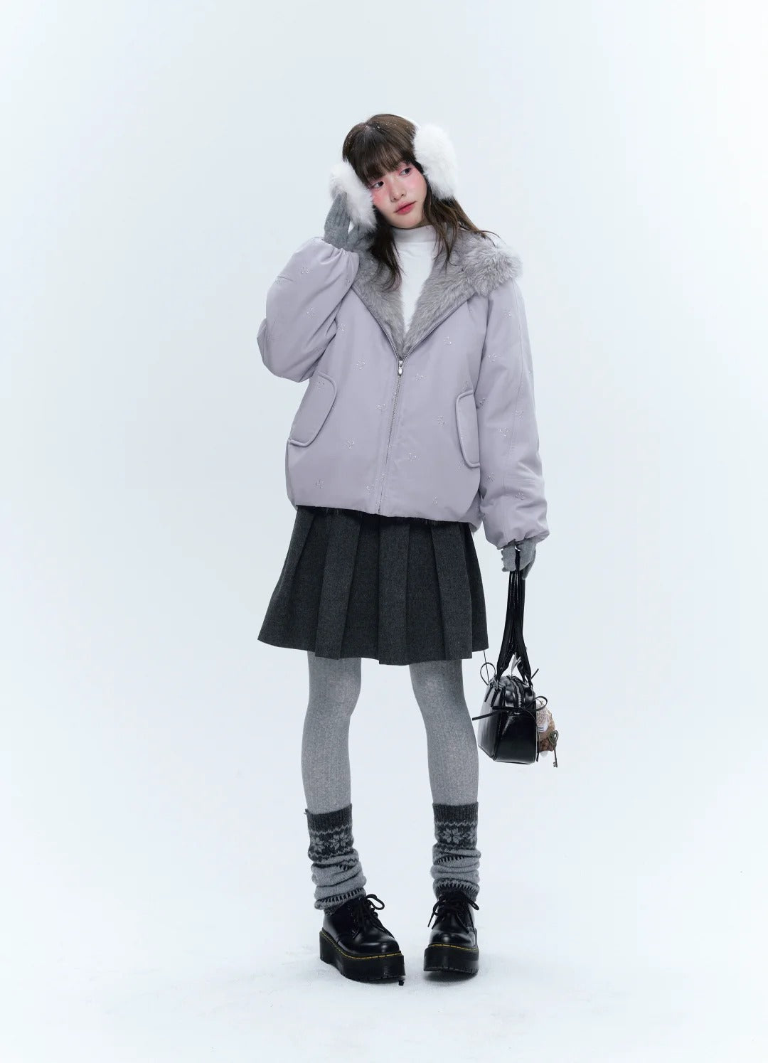CREAMO2奶油氧气 - Soft Lilac Bow-Embroidered Eco Fur Puffer Jacket
