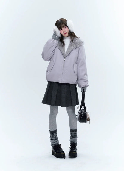 CREAMO2奶油氧气 - Soft Lilac Bow-Embroidered Eco Fur Puffer Jacket