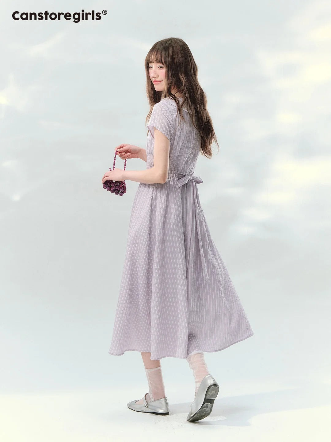 “Lavender Tea Mist” Lilac Stripe Puff Sleeve Dress LL2026137