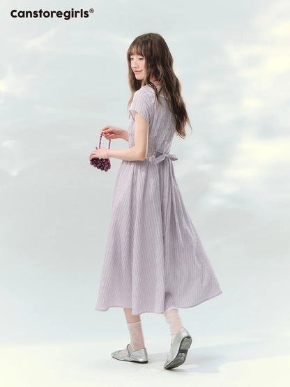 “Lavender Tea Mist” Lilac Stripe Puff Sleeve Dress LL2026137