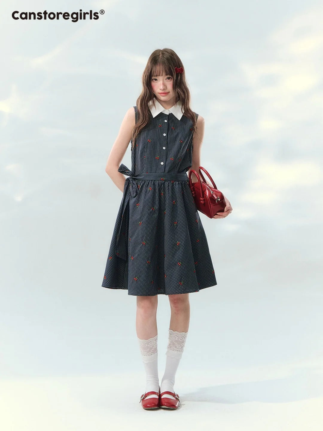 “Twin Bloom Letters” Navy Plaid Embroidered Shirt Dress LL2026139