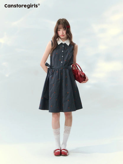 “Twin Bloom Letters” Navy Plaid Embroidered Shirt Dress LL2026139