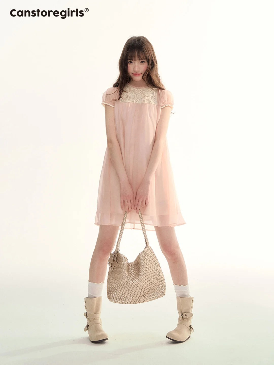 Sheer Lace Trim Puff Sleeve Babydoll Dress LL2026103
