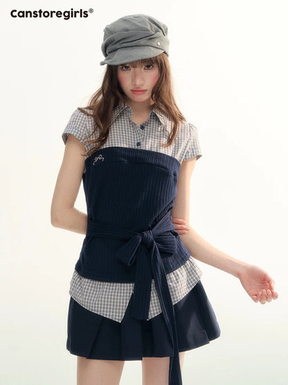 Pastel Plaid Knit Shirt & A-Line Puffy Skirt Set LL2026112