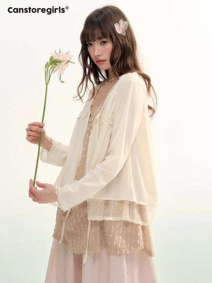Soft Lace Tie-Front Cardigan & Cami Set LL2026100