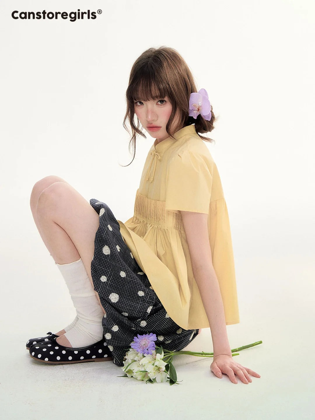 Butter Yellow Pleated Puff Sleeve Blouse WW2026069