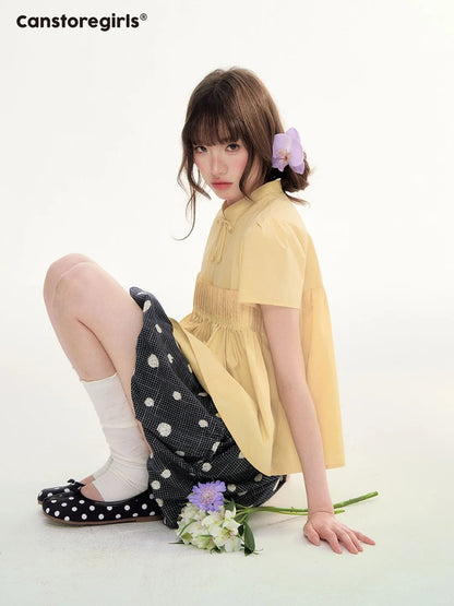 Butter Yellow Pleated Puff Sleeve Blouse WW2026069