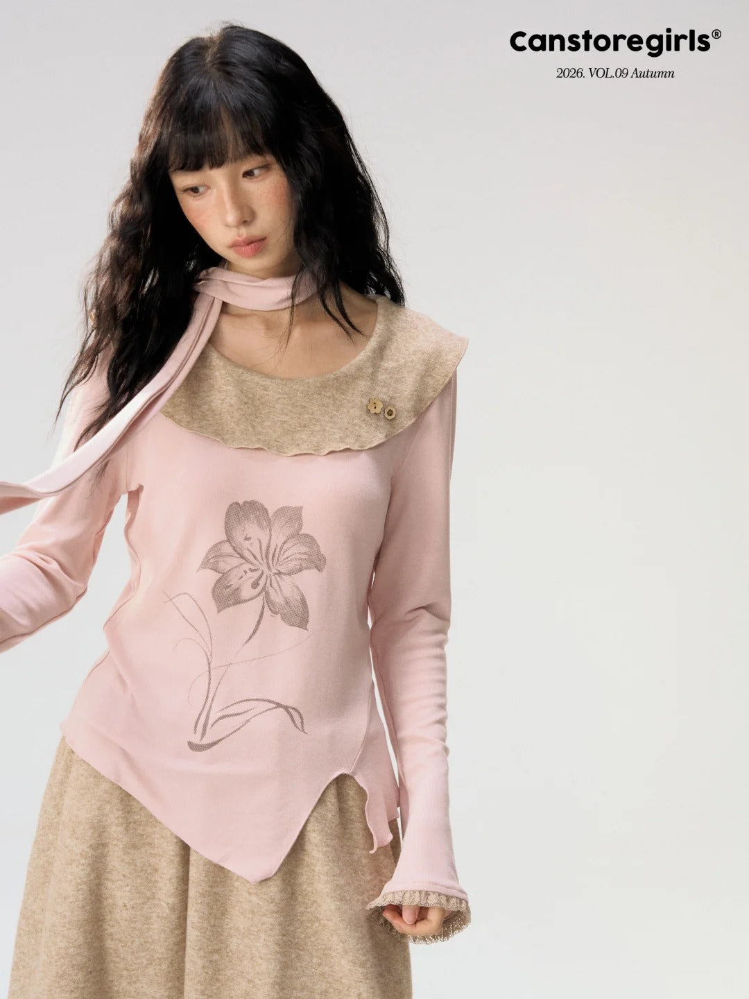 [CAN] "Dusky Floral Whispers" Blush & Chestnut Brown Set (Long Sleeve Top / Tassel Mini Skirt)