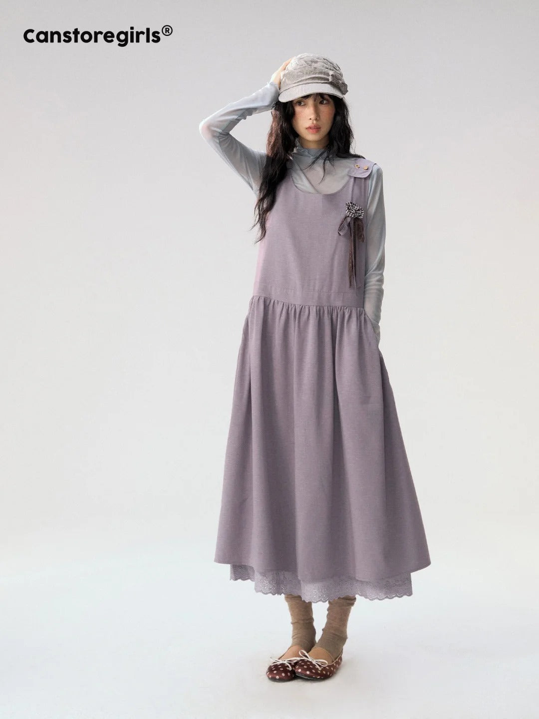 [CAN] "Violet Floral Bow" Purple Lace-Trim A-Line Pinafore Dress