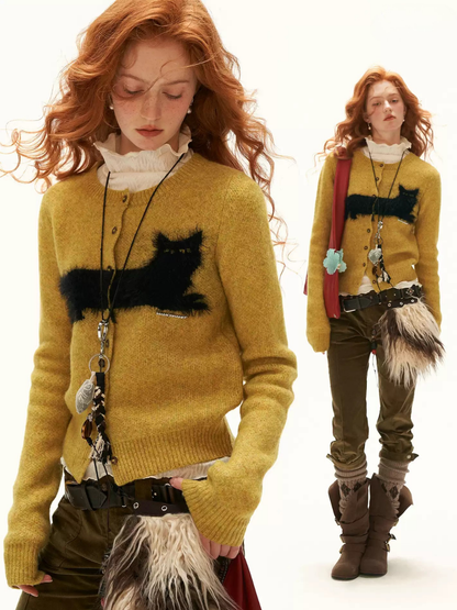 MAMC - Yellow Fluffy Black Cat Jacquard Cropped Knit Cardigan