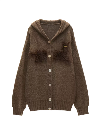 MAMC - Vintage Brown Cat Silhouette Hooded Knit Cardigan