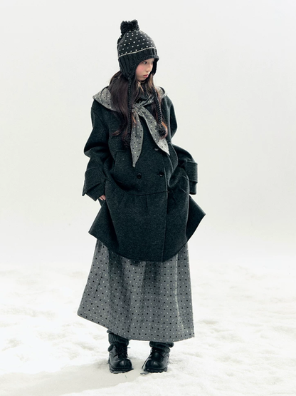 Horridale - "Winter Chime" Double-Breasted Quilted Wool-Blend Coat (Smoky Purple/ Ash Gray)