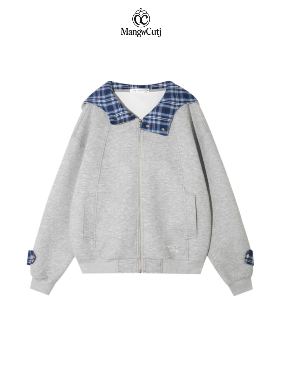 ASGONY - Plaid-Lined Oversized Hoodie Jacket (Gray)