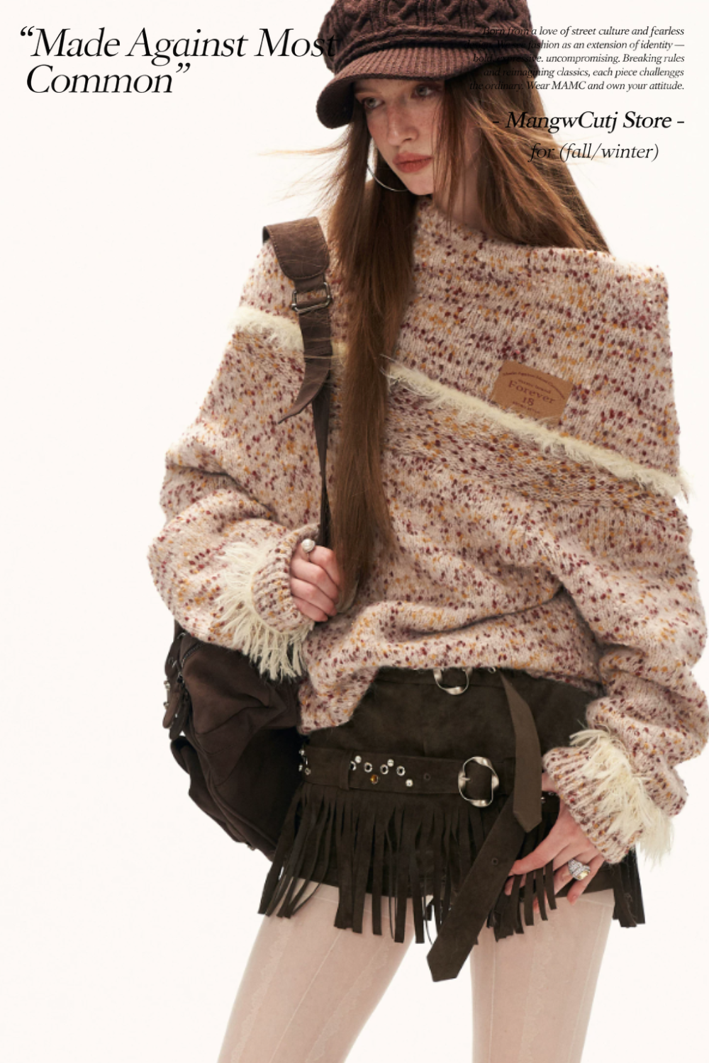 MAMC - Beige Slouchy Textured Off-Shoulder Turtleneck Sweater