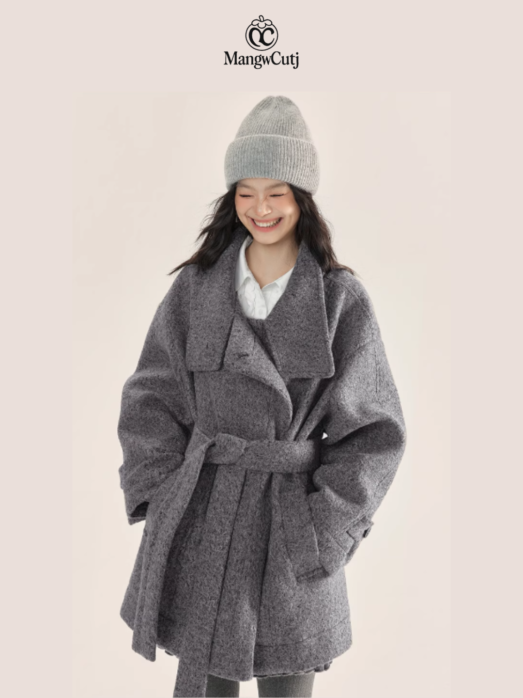 EPTISON - Minimalist Belted Wool Overcoat with Stand Collar – Grey & Black
