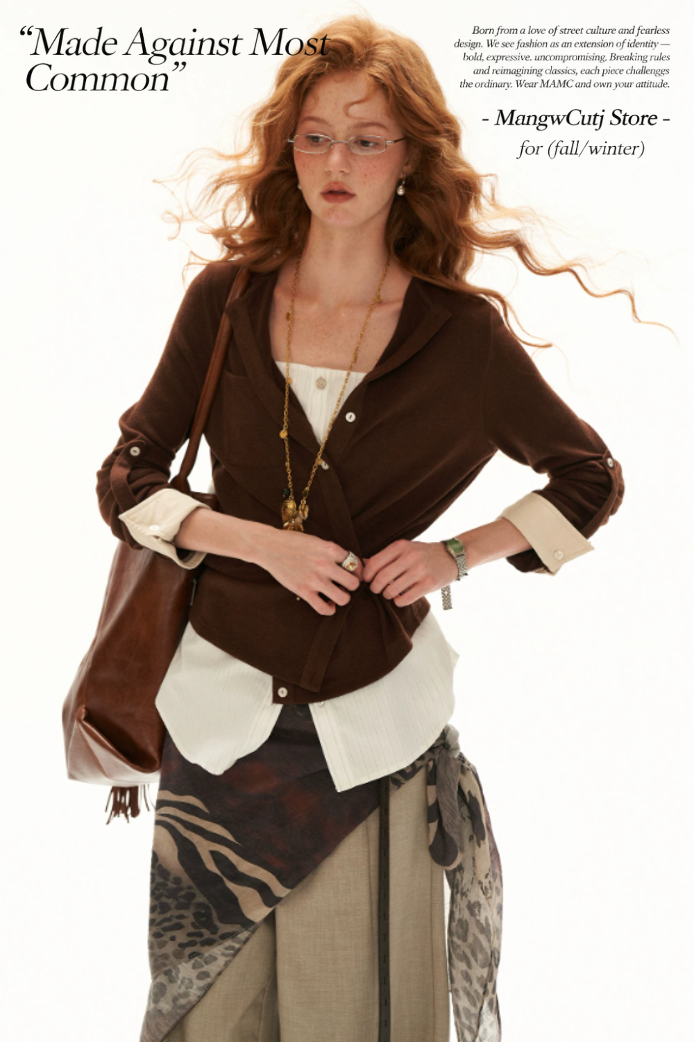 MAMC - Textured Wrap-Front Henley Waist-Defined Cardigan Top (Red / Brown)