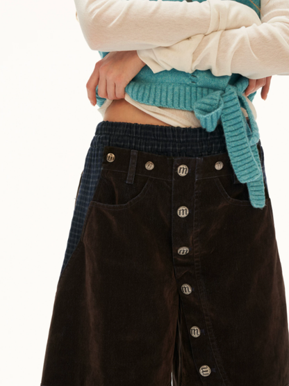 MAMC - Dark Coffee Brown Plaid-Panel Cropped Barrel-Leg Denim Pants
