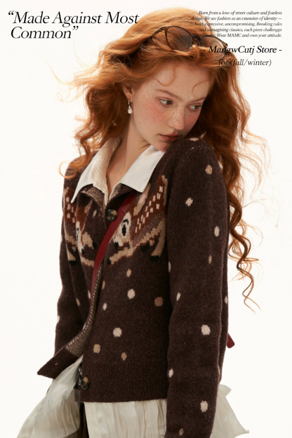 MAMC - Brown Deer Jacquard Cropped Knit Cardigan