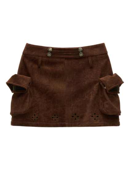 MAMC - Brown Faux Suede Cargo Skort with Embroidered Trim