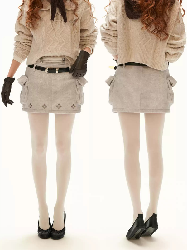 MAMC - Gray Faux Suede Cargo Skort with Embroidered Trim