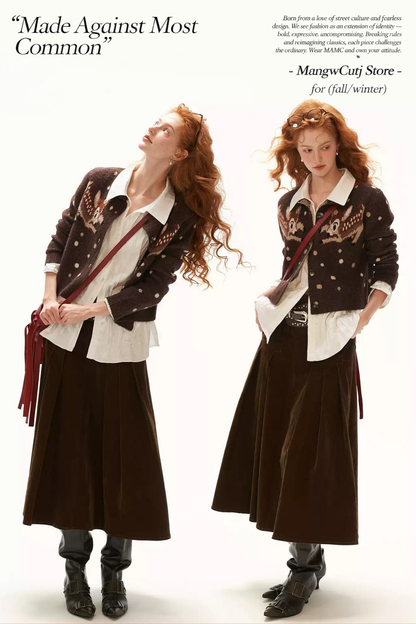 MAMC - Brown Deer Jacquard Cropped Knit Cardigan