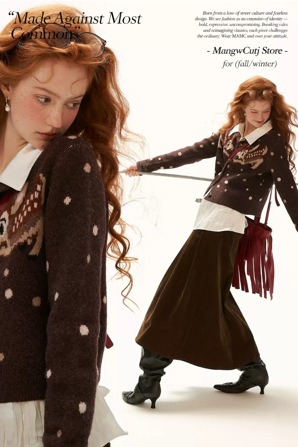 MAMC - Brown Deer Jacquard Cropped Knit Cardigan