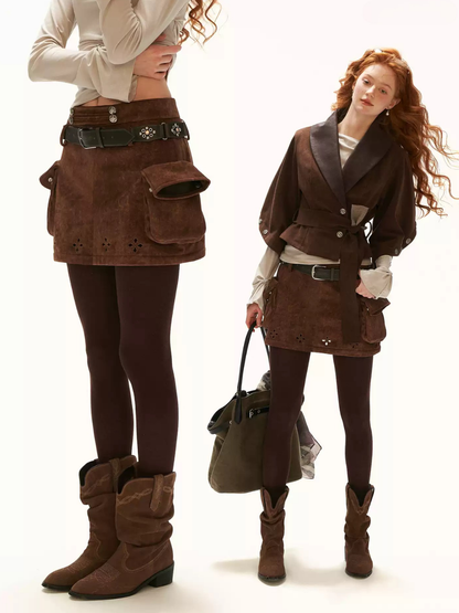 MAMC - Brown Faux Suede Cargo Skort with Embroidered Trim