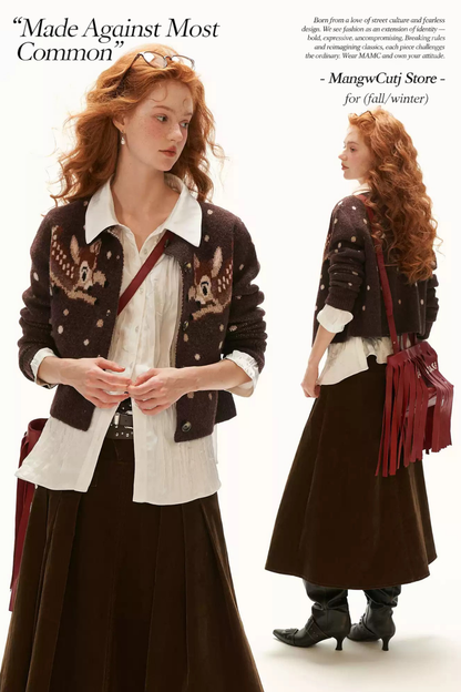 MAMC - Brown Deer Jacquard Cropped Knit Cardigan