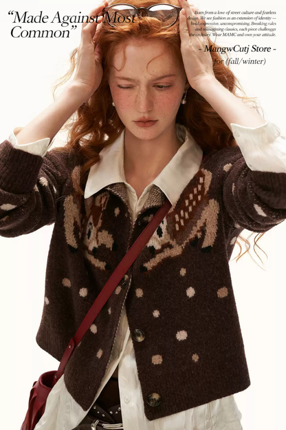 MAMC - Brown Deer Jacquard Cropped Knit Cardigan