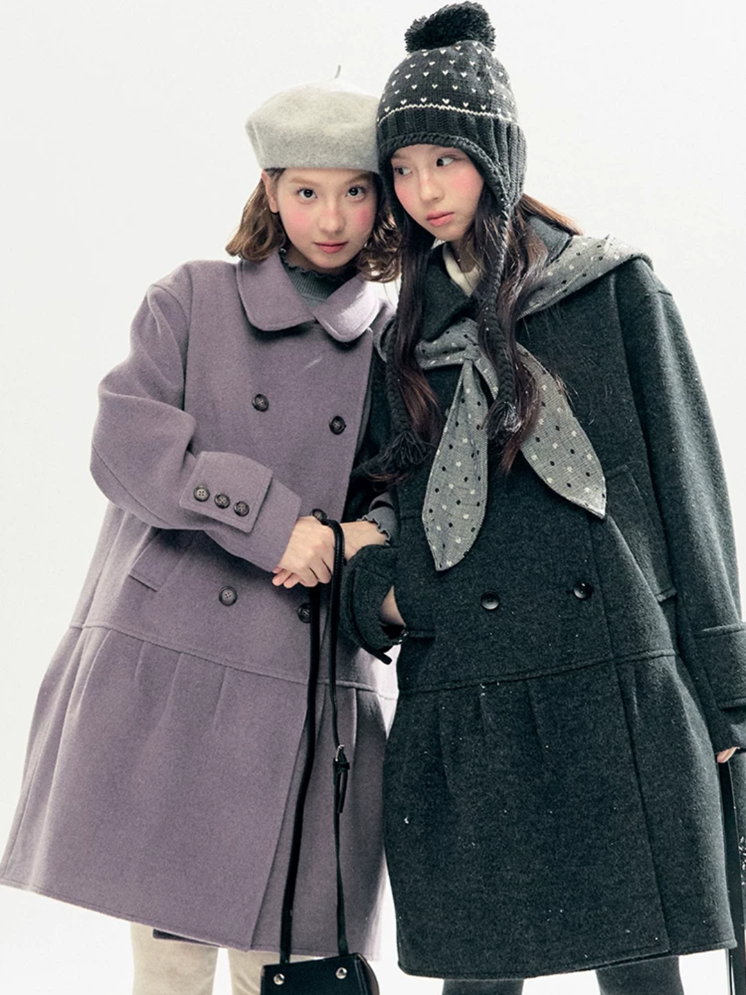 Horridale - "Winter Chime" Double-Breasted Quilted Wool-Blend Coat (Smoky Purple/ Ash Gray)