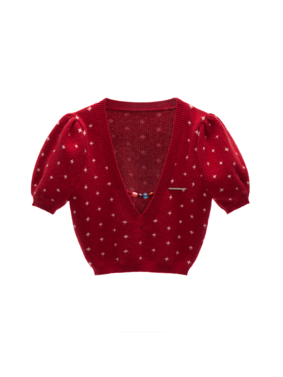MAMC - Vintage Crochet V-Neck Puff Sleeve Sweater WE837 - RED