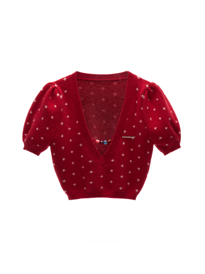 MAMC - Vintage Crochet V-Neck Puff Sleeve Sweater WE837 - RED