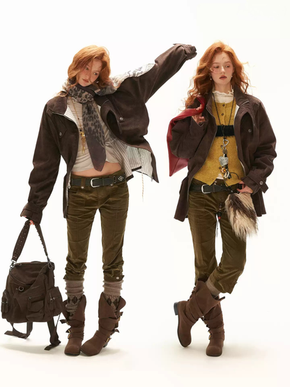 MAMC - Brown Faux Suede Utility Jacket with Adjustable Drawstring Waist