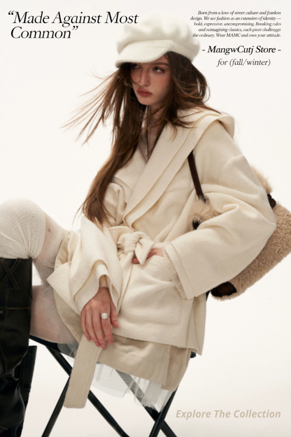 MAMC - White Double-Hood Wool Blend Tie Coat