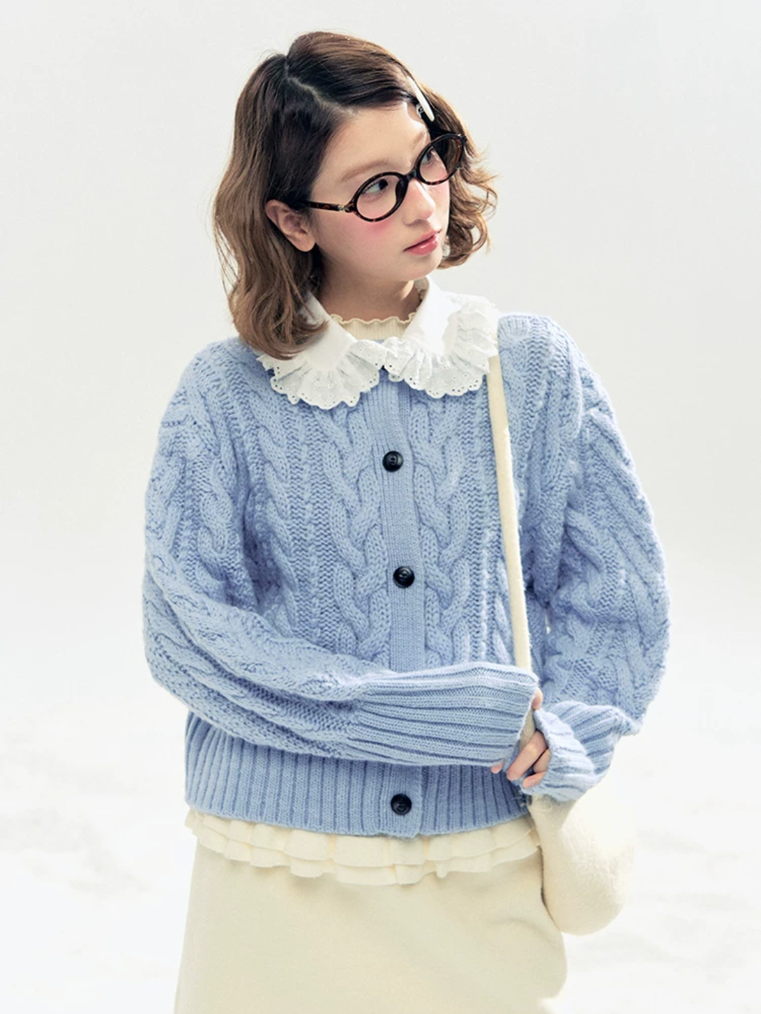 Horridale - "Cotton Mousse" Cable Knit Cardigan with Detachable Ruffle Collar (Cotton Blue/ Soft White)