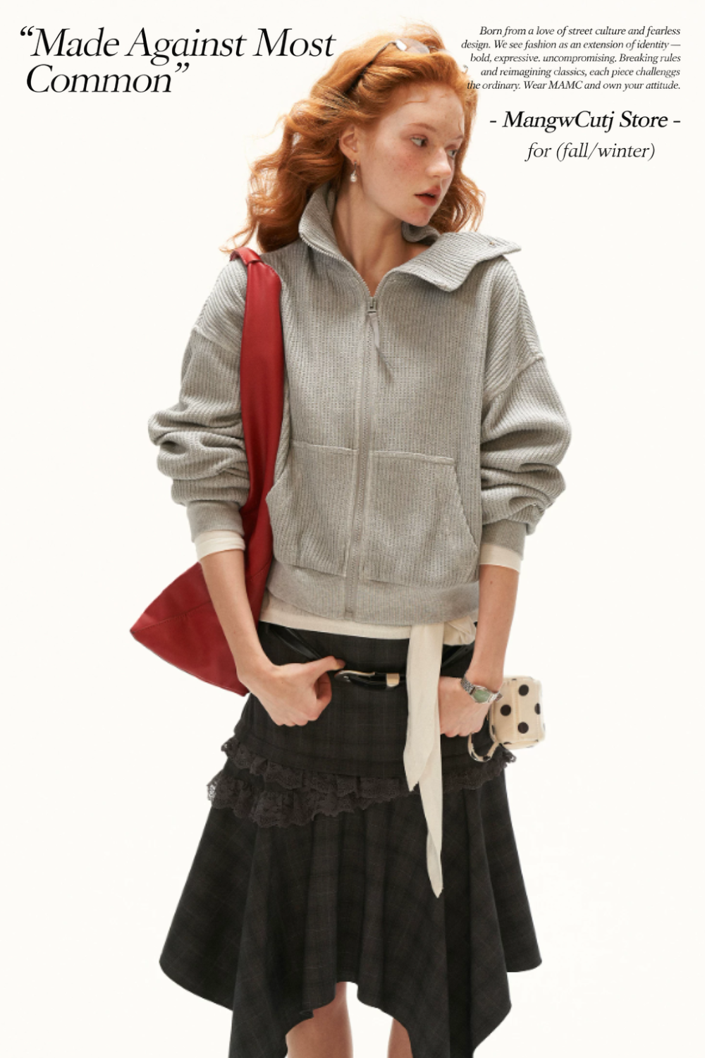 MAMC - Gray Textured Knit Cropped Jacket with Adjustable Snap Collar